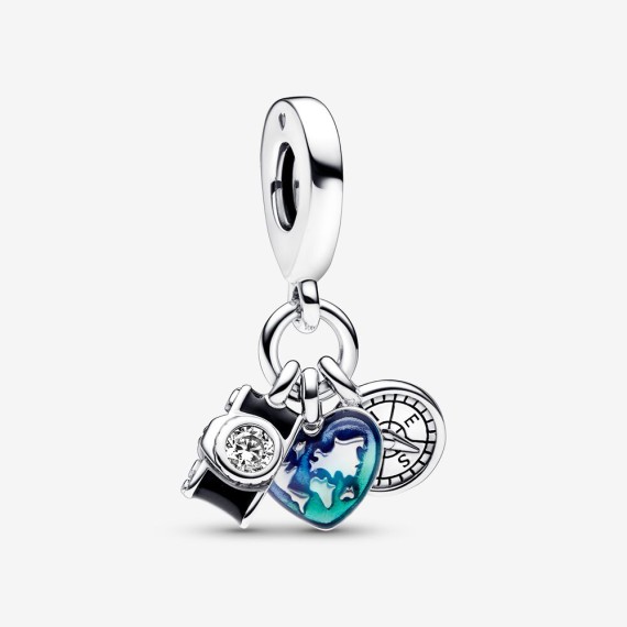 CHARM PENDANT TRIPLE APPAREIL PHOTO COEUR ET BOUSSOLE