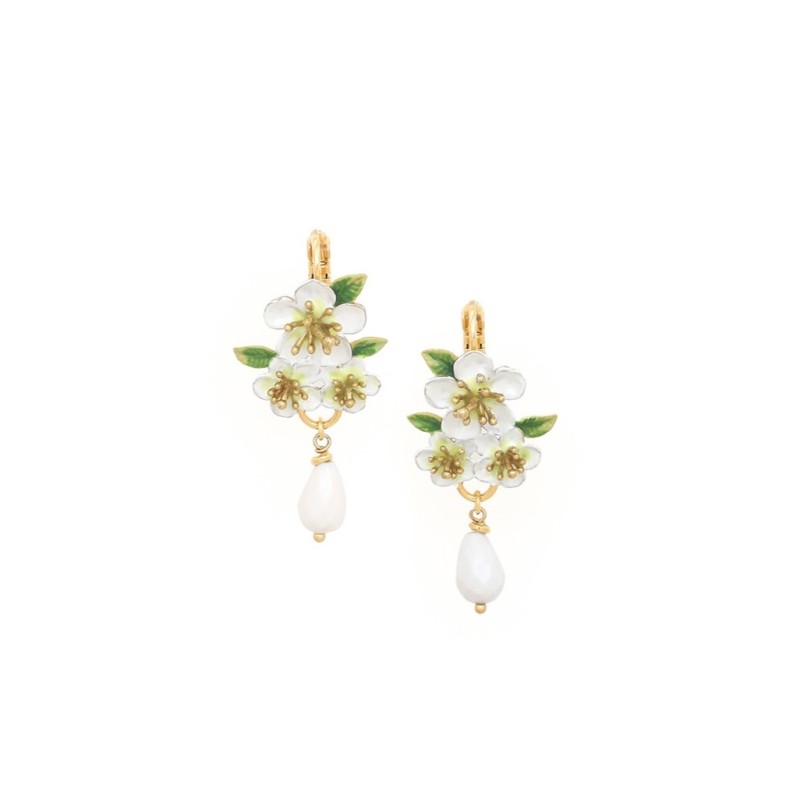 HANA BOUCLES D'OREILLES DORMEUSES 3 FLEURS DE CERISIER & GOUTTE VERRE FACETTÉ