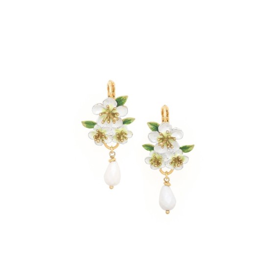 HANA BOUCLES D'OREILLES DORMEUSES 3 FLEURS DE CERISIER & GOUTTE VERRE FACETTÉ