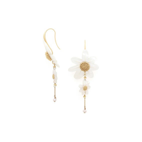 MARGUERITE BOUCLES D'OREILLES DORMEUSES 2 FLEURS NACRE BLANCHE
